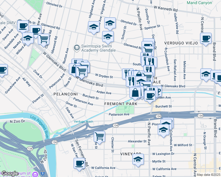 map of restaurants, bars, coffee shops, grocery stores, and more near 676 West Glenoaks Boulevard in Glendale