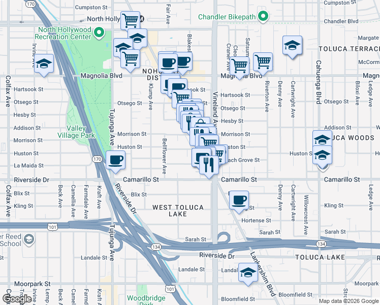 map of restaurants, bars, coffee shops, grocery stores, and more near 11126 Huston Street in Los Angeles