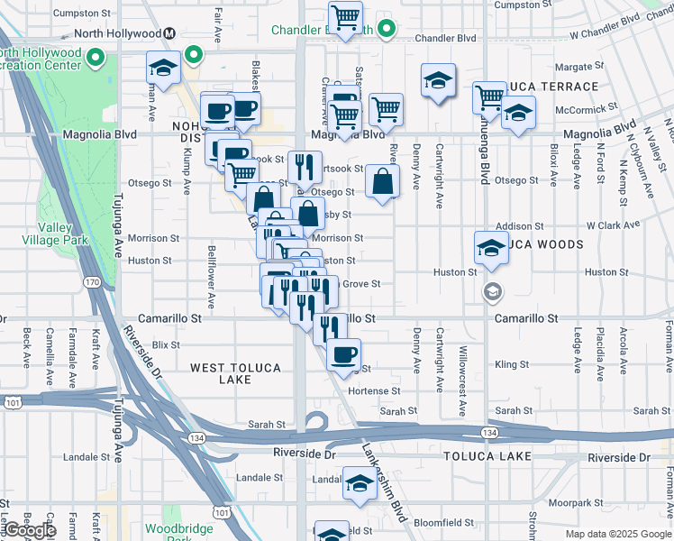 map of restaurants, bars, coffee shops, grocery stores, and more near 10916 Huston Street in Los Angeles