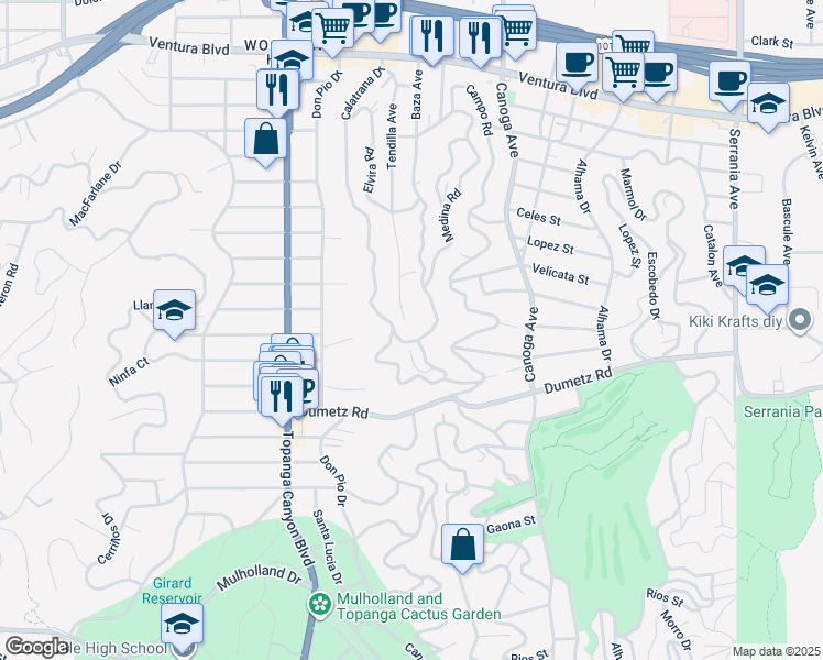 map of restaurants, bars, coffee shops, grocery stores, and more near 5000 Calatrana Drive in Los Angeles