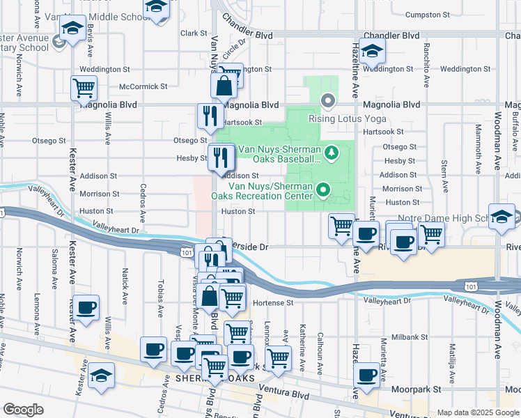 map of restaurants, bars, coffee shops, grocery stores, and more near 14345 Huston Street in Los Angeles