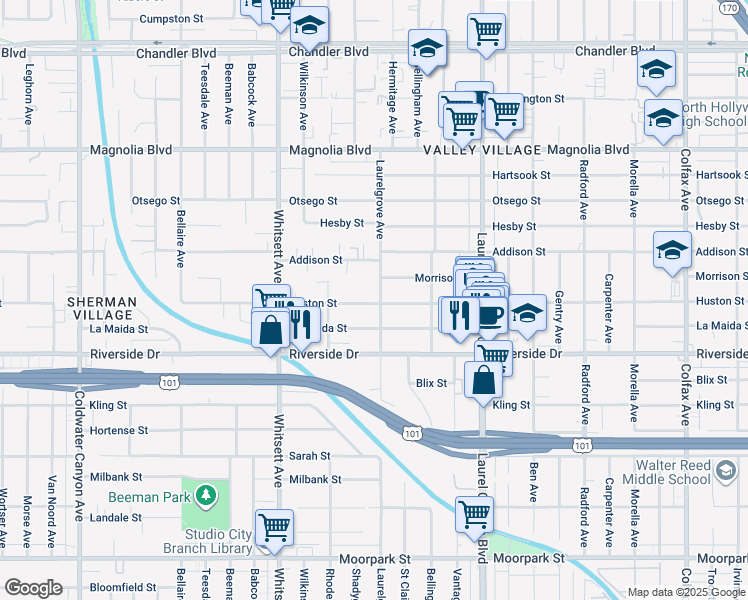 map of restaurants, bars, coffee shops, grocery stores, and more near 4903 Laurelgrove Avenue in Los Angeles