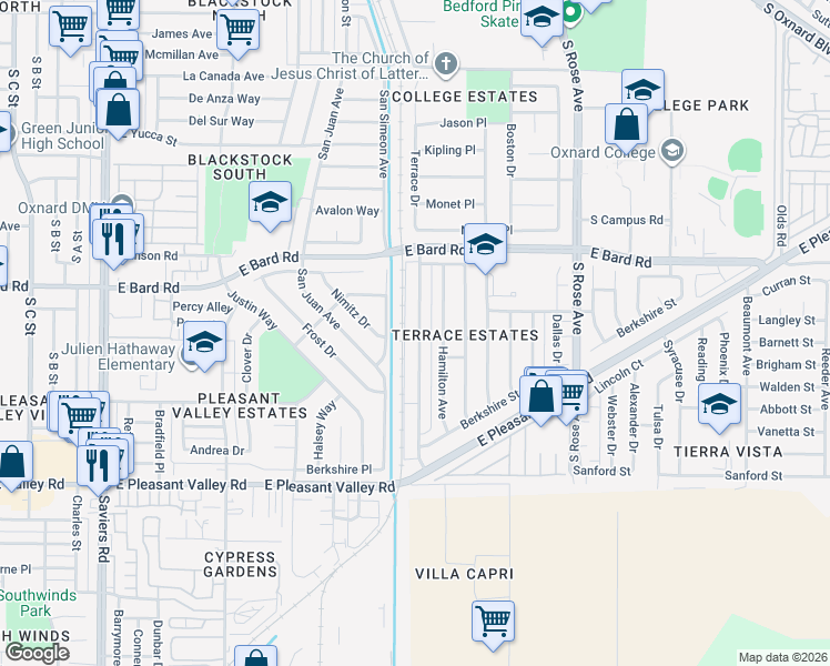 map of restaurants, bars, coffee shops, grocery stores, and more near 4431 Terrace Avenue in Oxnard
