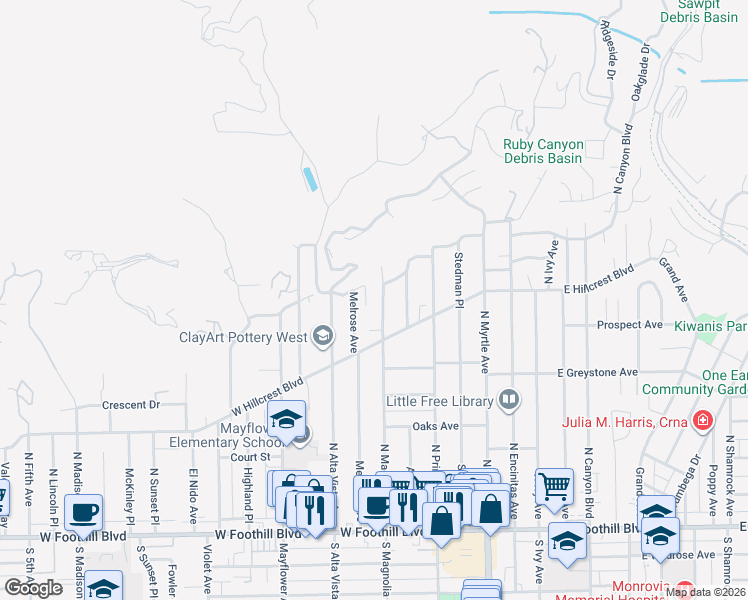 map of restaurants, bars, coffee shops, grocery stores, and more near 364 Melrose Avenue in Monrovia