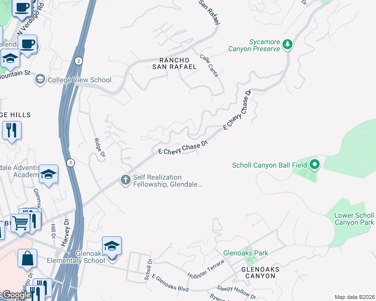 map of restaurants, bars, coffee shops, grocery stores, and more near 2424 E Chevy Chase Dr in Glendale