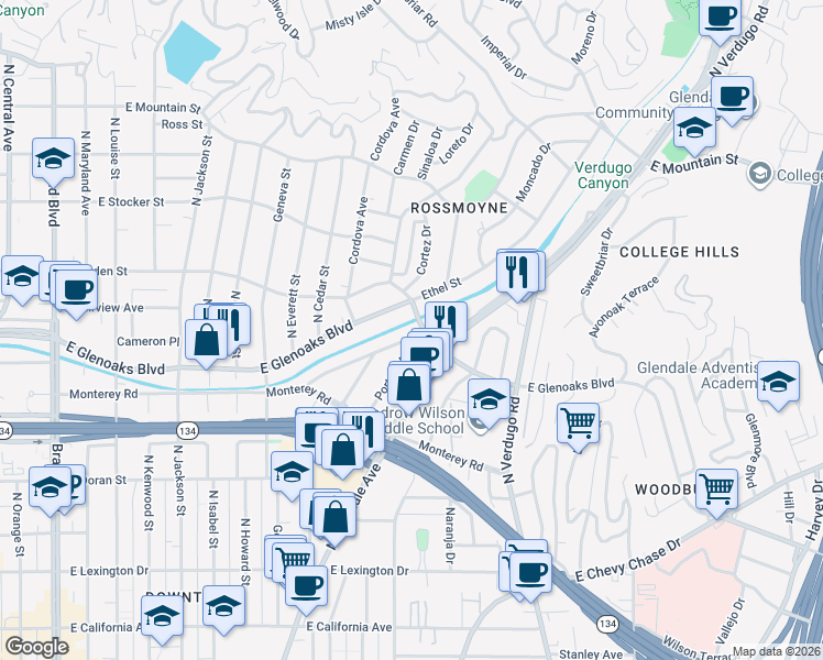 map of restaurants, bars, coffee shops, grocery stores, and more near 989 Coronado Drive in Glendale