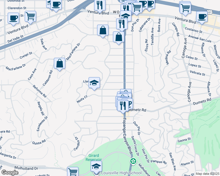 map of restaurants, bars, coffee shops, grocery stores, and more near 22101 De La Osa Street in Los Angeles