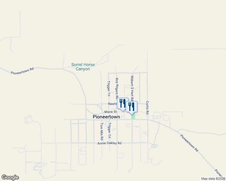 map of restaurants, bars, coffee shops, grocery stores, and more near 5188 Roy Rogers Road in Pioneertown