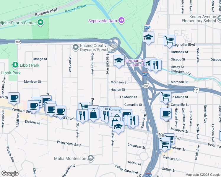 map of restaurants, bars, coffee shops, grocery stores, and more near 15615 Huston Street in Los Angeles