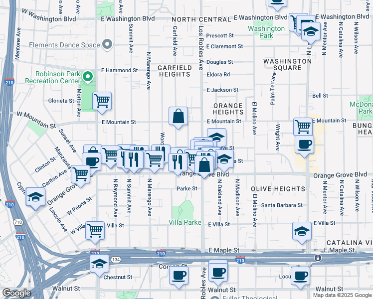 map of restaurants, bars, coffee shops, grocery stores, and more near 362 Buckeye Street in Pasadena