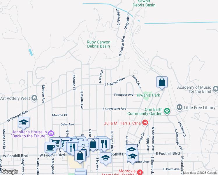map of restaurants, bars, coffee shops, grocery stores, and more near 375 North Canyon Boulevard in Monrovia