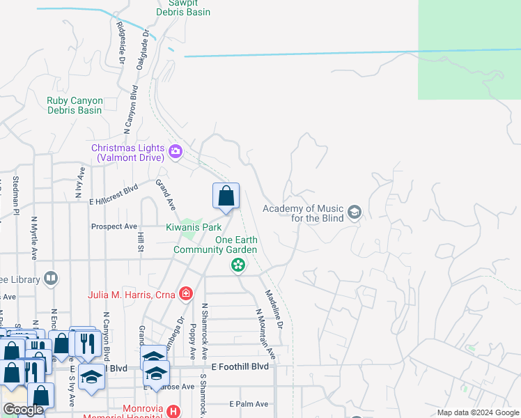 map of restaurants, bars, coffee shops, grocery stores, and more near 720 Norumbega Drive in Monrovia