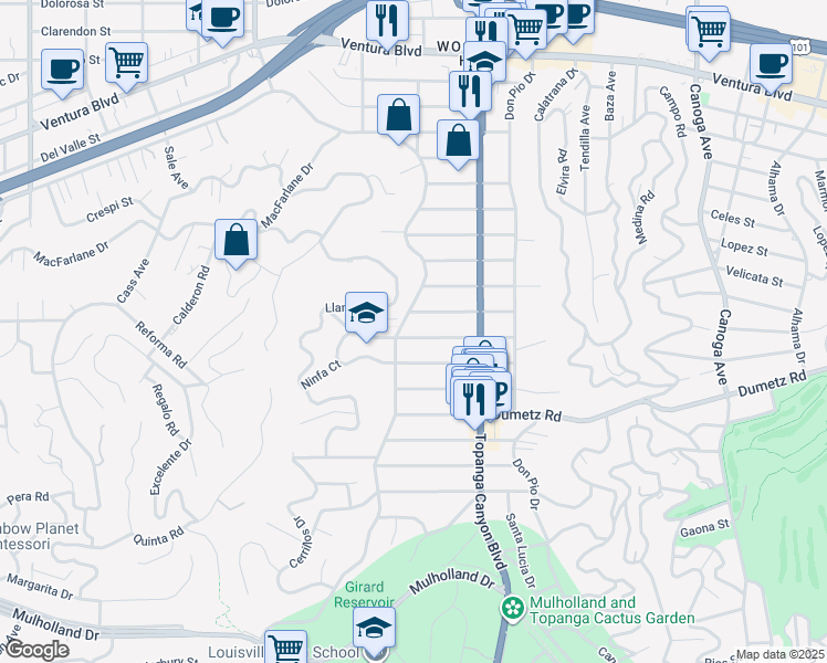 map of restaurants, bars, coffee shops, grocery stores, and more near 22117 De La Osa Street in Los Angeles