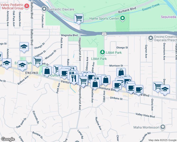 map of restaurants, bars, coffee shops, grocery stores, and more near 4928 Odessa Avenue in Los Angeles
