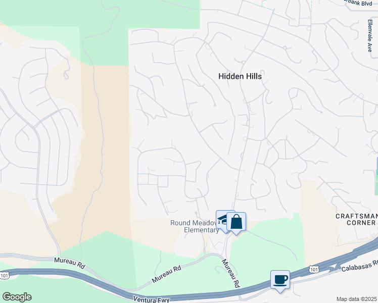map of restaurants, bars, coffee shops, grocery stores, and more near 25079 Jim Bridger Road in Hidden Hills