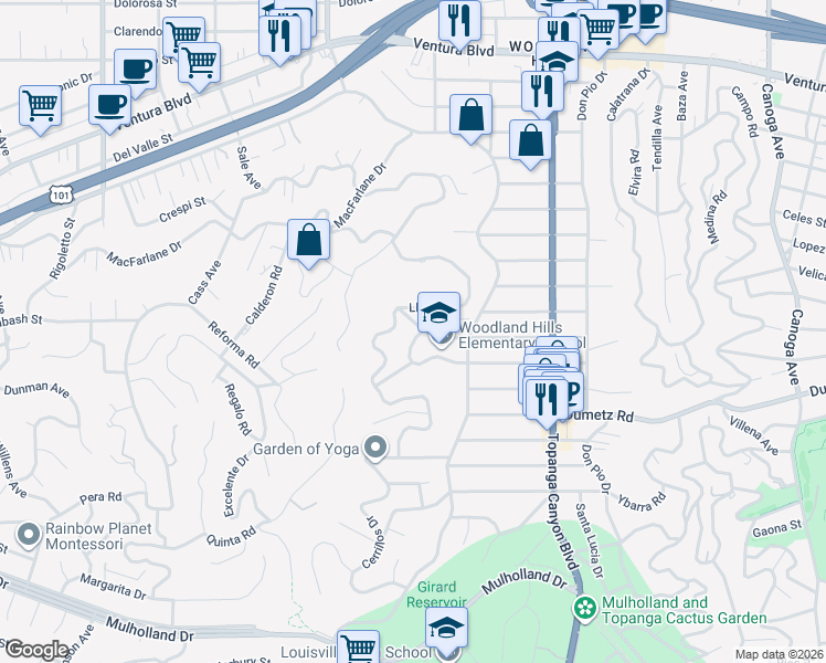 map of restaurants, bars, coffee shops, grocery stores, and more near 22235 De La Osa Street in Los Angeles