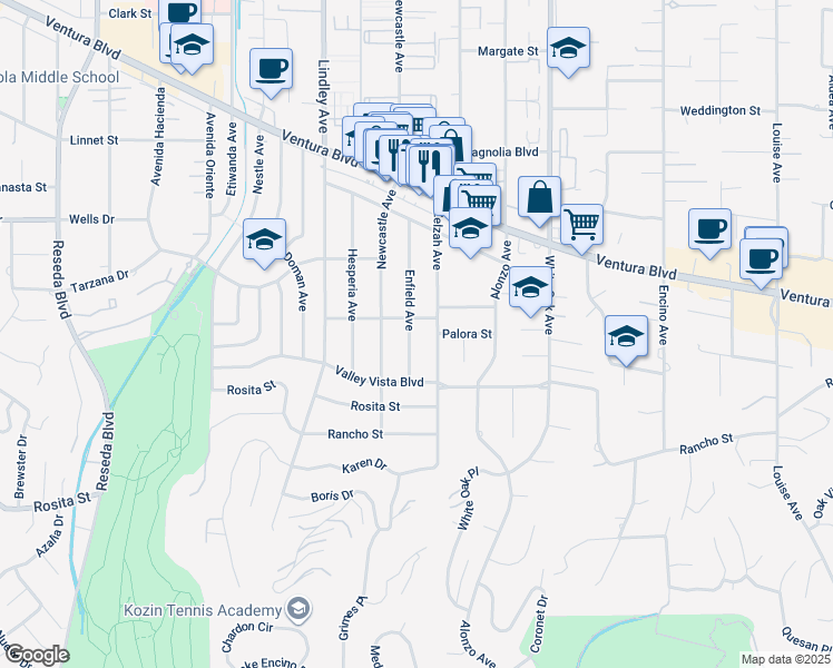 map of restaurants, bars, coffee shops, grocery stores, and more near 4938 Enfield Avenue in Los Angeles