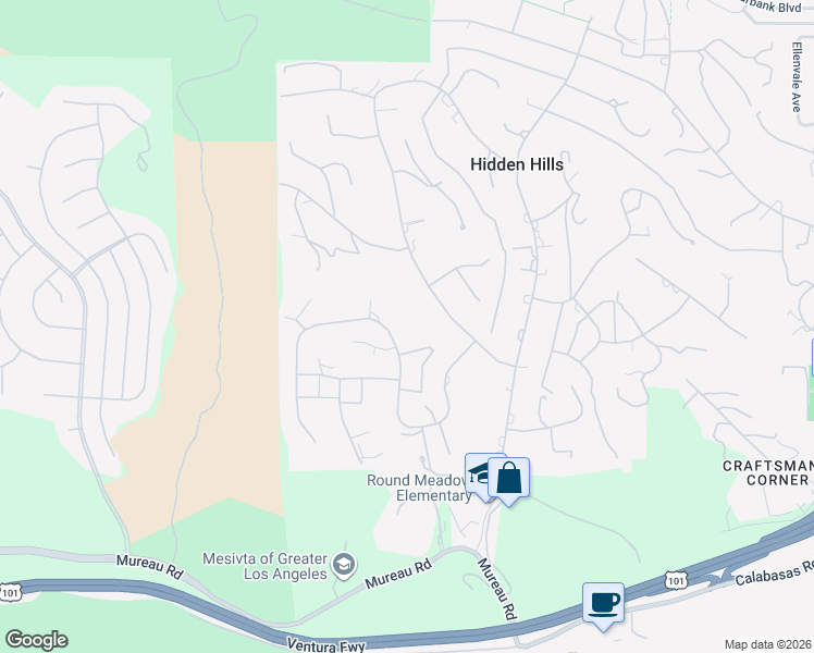 map of restaurants, bars, coffee shops, grocery stores, and more near 25091 Jim Bridger Road in Hidden Hills