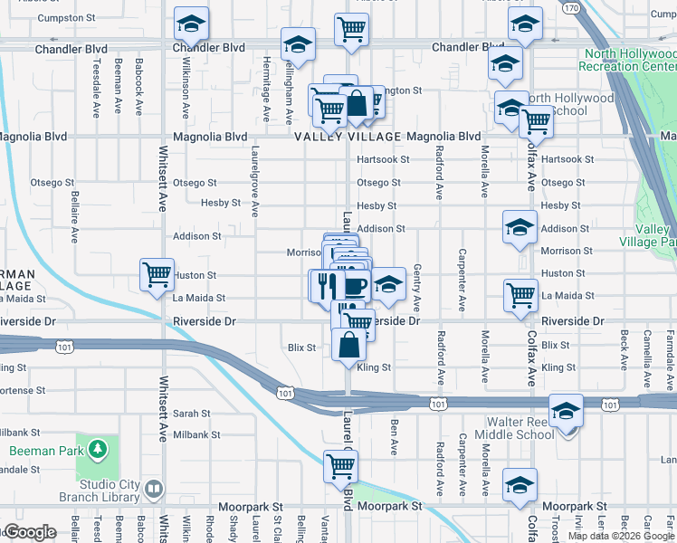 map of restaurants, bars, coffee shops, grocery stores, and more near 4901 Laurel Canyon Boulevard in Los Angeles