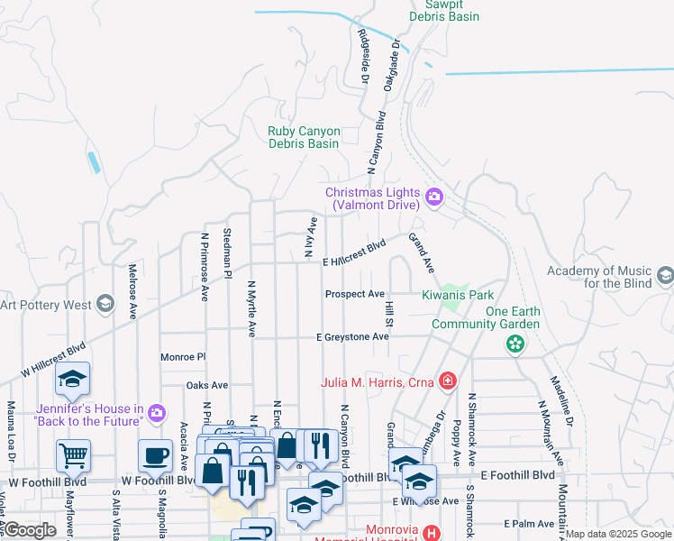 map of restaurants, bars, coffee shops, grocery stores, and more near 375 North Canyon Boulevard in Monrovia