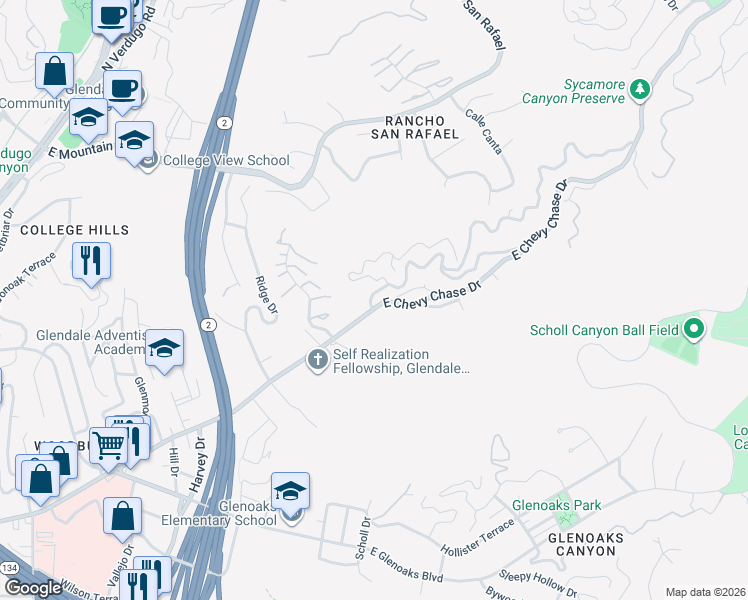 map of restaurants, bars, coffee shops, grocery stores, and more near 2255 East Chevy Chase Drive in Glendale