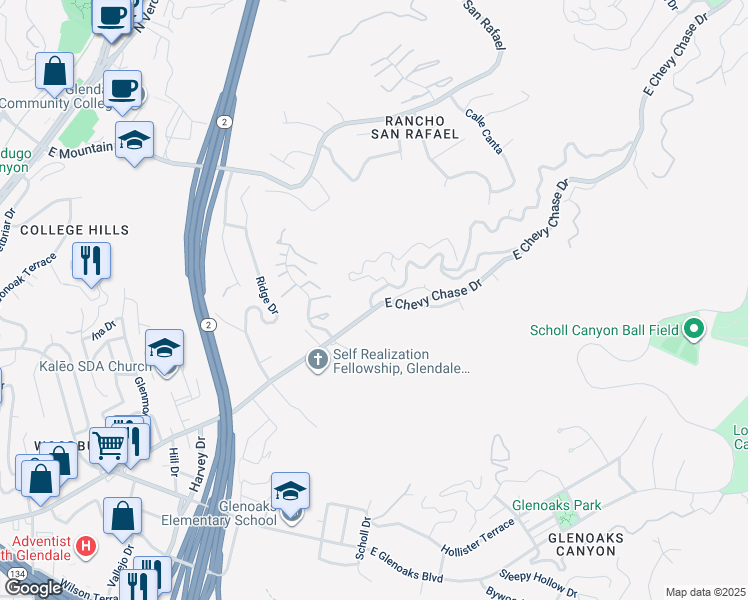 map of restaurants, bars, coffee shops, grocery stores, and more near 2255 East Chevy Chase Drive in Glendale