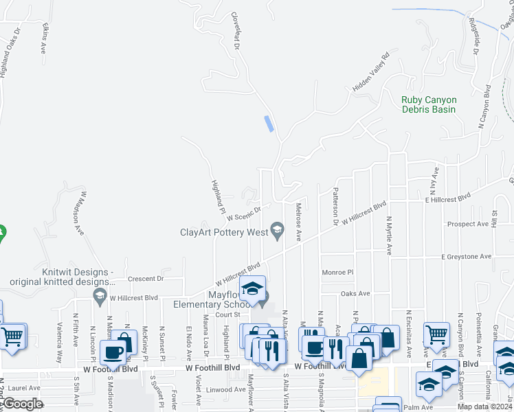 map of restaurants, bars, coffee shops, grocery stores, and more near 437 West Scenic Drive in Monrovia