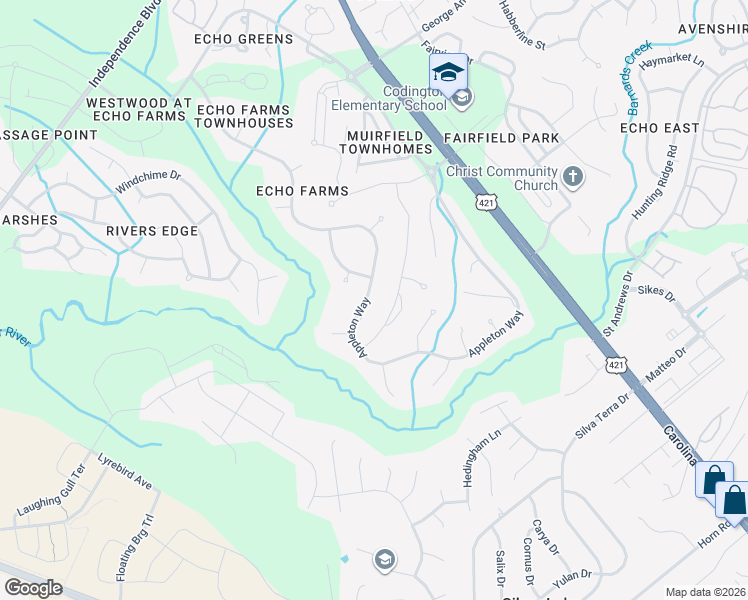 map of restaurants, bars, coffee shops, grocery stores, and more near 4109 Appleton Way in Wilmington