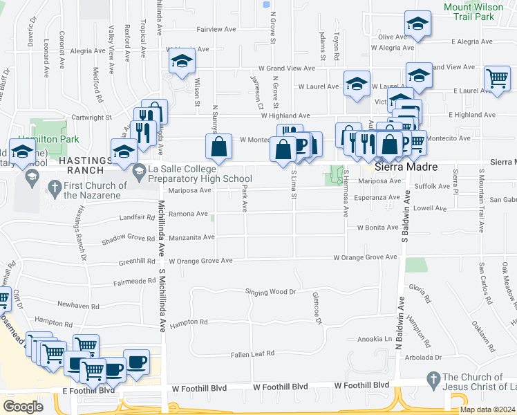 map of restaurants, bars, coffee shops, grocery stores, and more near 441 Ramona Avenue in Sierra Madre