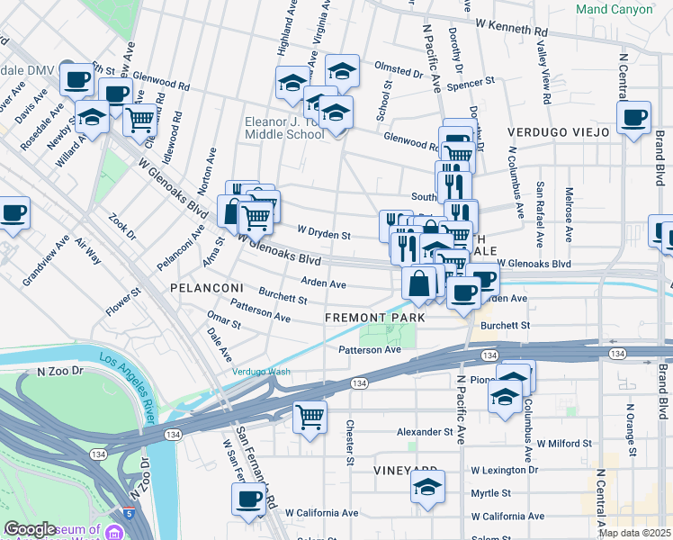 map of restaurants, bars, coffee shops, grocery stores, and more near 684 West Glenoaks Boulevard in Glendale