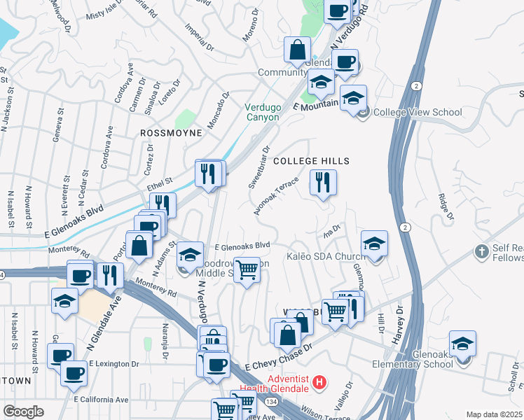 map of restaurants, bars, coffee shops, grocery stores, and more near 1000 Avonoak Terrace in Glendale