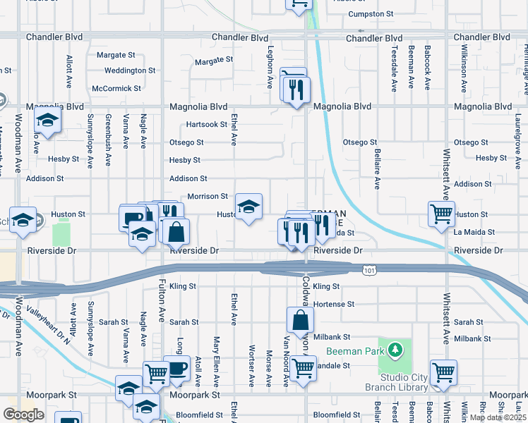 map of restaurants, bars, coffee shops, grocery stores, and more near 4909 Morse Avenue in Los Angeles