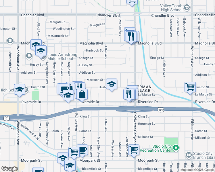 map of restaurants, bars, coffee shops, grocery stores, and more near 4901 Wortser Avenue in Los Angeles