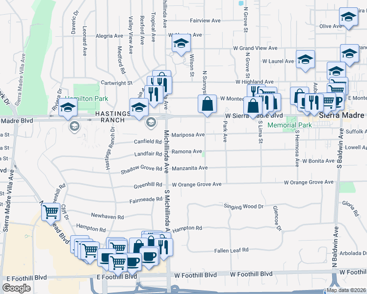 map of restaurants, bars, coffee shops, grocery stores, and more near 665 Ramona Avenue in Sierra Madre