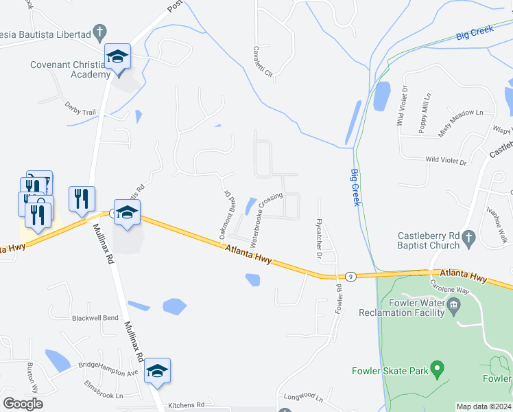 map of restaurants, bars, coffee shops, grocery stores, and more near 4755 Waterbrooke Crossing in Alpharetta