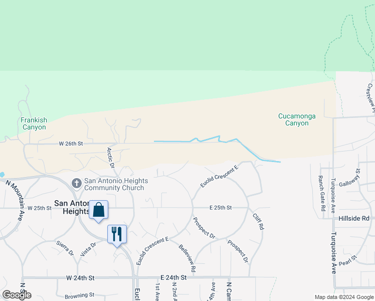 map of restaurants, bars, coffee shops, grocery stores, and more near 0 East 26th Street in Upland
