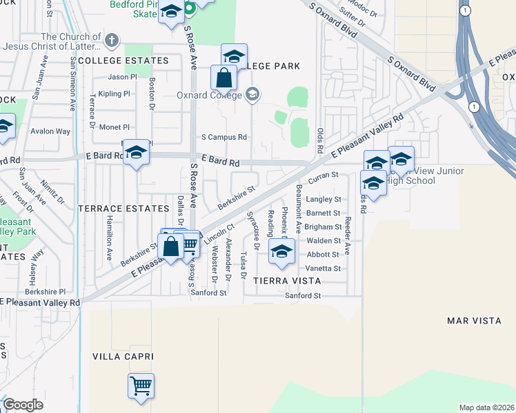 map of restaurants, bars, coffee shops, grocery stores, and more near 1921 Lincoln Court in Oxnard