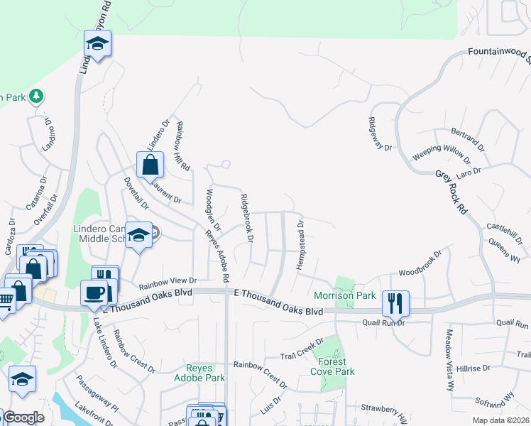 map of restaurants, bars, coffee shops, grocery stores, and more near 8585 Green Meadow Drive in Agoura Hills