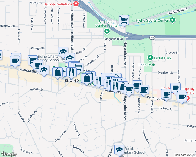 map of restaurants, bars, coffee shops, grocery stores, and more near 16670 Moorpark Street in Los Angeles