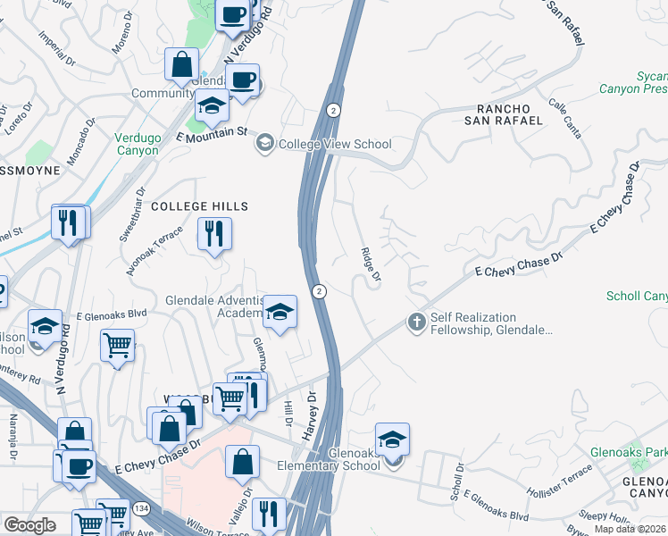 map of restaurants, bars, coffee shops, grocery stores, and more near 759 Foxkirk Road in Glendale