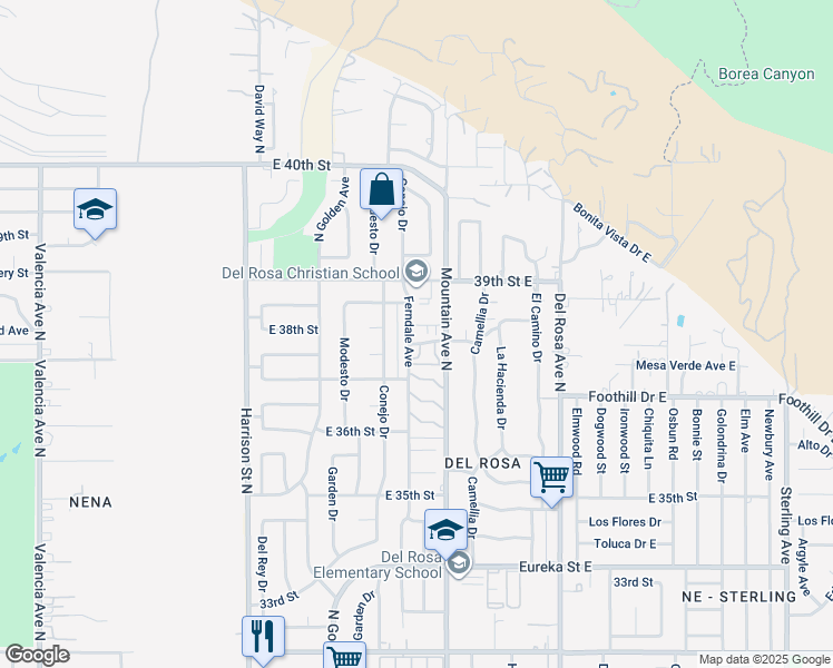 map of restaurants, bars, coffee shops, grocery stores, and more near 1340 East Yucca Drive in San Bernardino