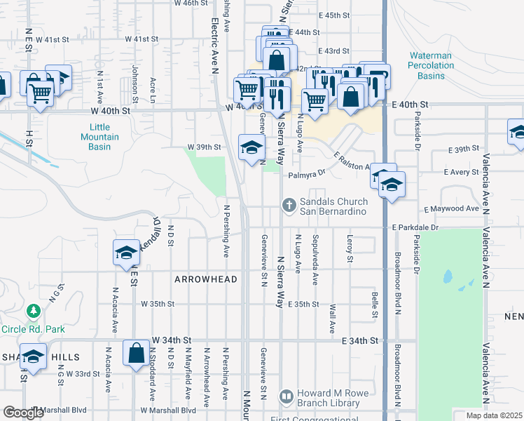 map of restaurants, bars, coffee shops, grocery stores, and more near 3778 Genevieve Street North in San Bernardino