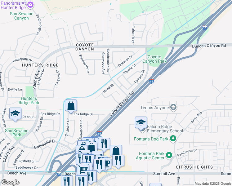 map of restaurants, bars, coffee shops, grocery stores, and more near 5186 Stork Court in Fontana