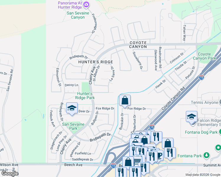 map of restaurants, bars, coffee shops, grocery stores, and more near 14944 Hillstone Avenue in Fontana