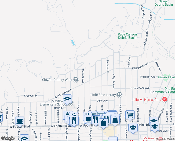 map of restaurants, bars, coffee shops, grocery stores, and more near 364 Melrose Avenue in Monrovia