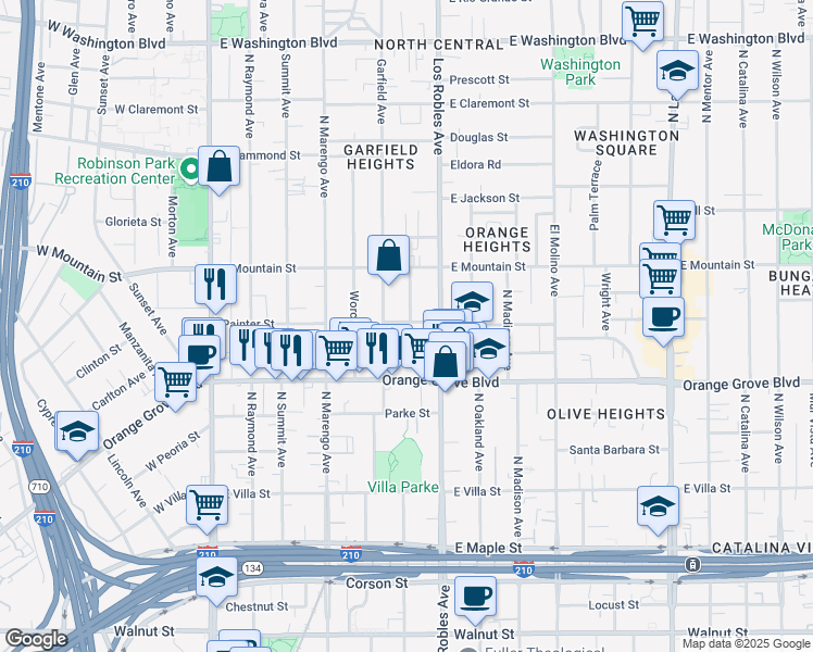map of restaurants, bars, coffee shops, grocery stores, and more near 362 Buckeye Street in Pasadena