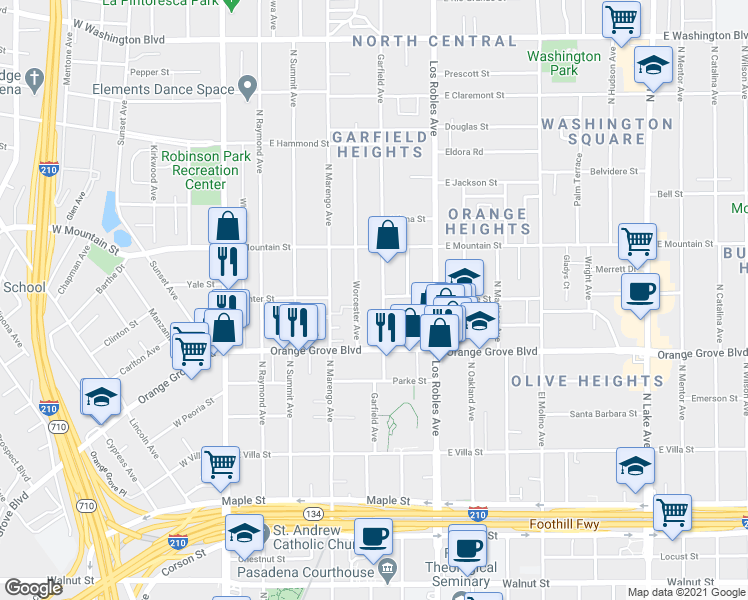 map of restaurants, bars, coffee shops, grocery stores, and more near 801 Garfield Avenue in Pasadena