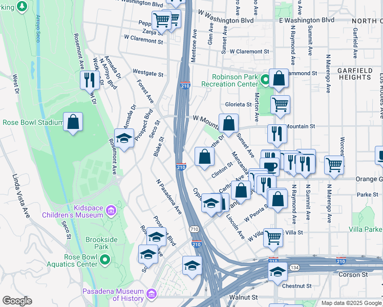 map of restaurants, bars, coffee shops, grocery stores, and more near 907 Lincoln Avenue in Pasadena