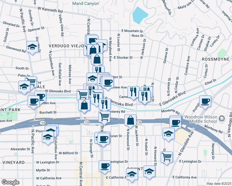 map of restaurants, bars, coffee shops, grocery stores, and more near 930 North Louise Street in Glendale