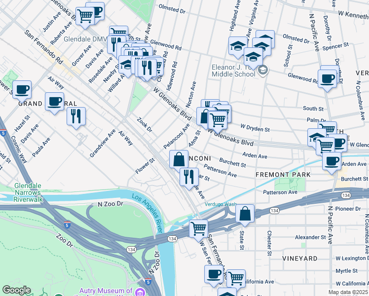 map of restaurants, bars, coffee shops, grocery stores, and more near 806 Kellogg Avenue in Glendale